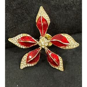 Vintage Red Enamel & Rhinestone Flower Brooch – 2″ Gold-Tone Pin  CP105